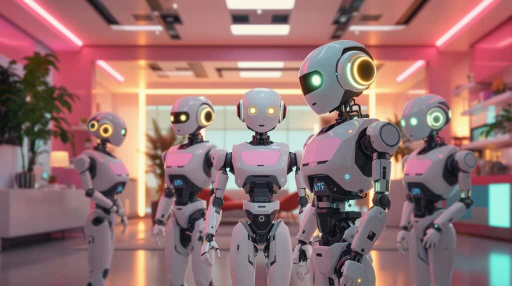 generative ai image of a group of ai robots standing in a futuristic business lobby