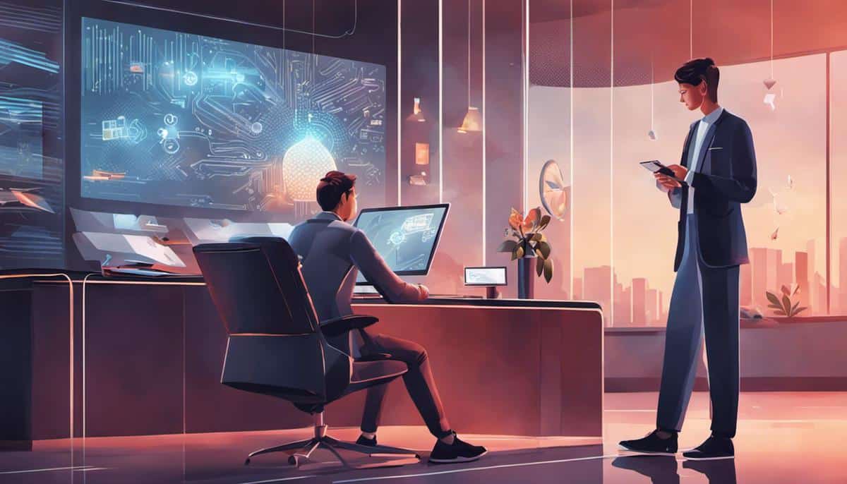 Illustration of an AI assistant providing assistance to a person, representing the advancements in AI technology and its impact on daily life.