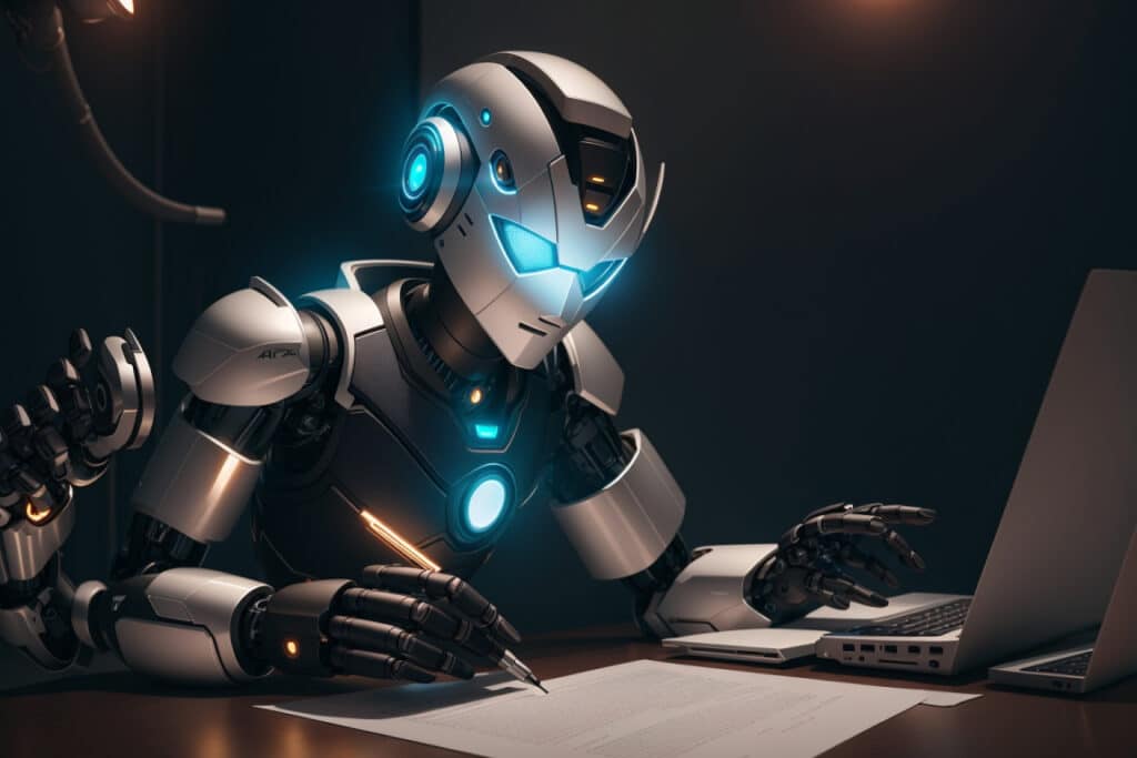 ai generated image of a futuristic robot writing at a desk