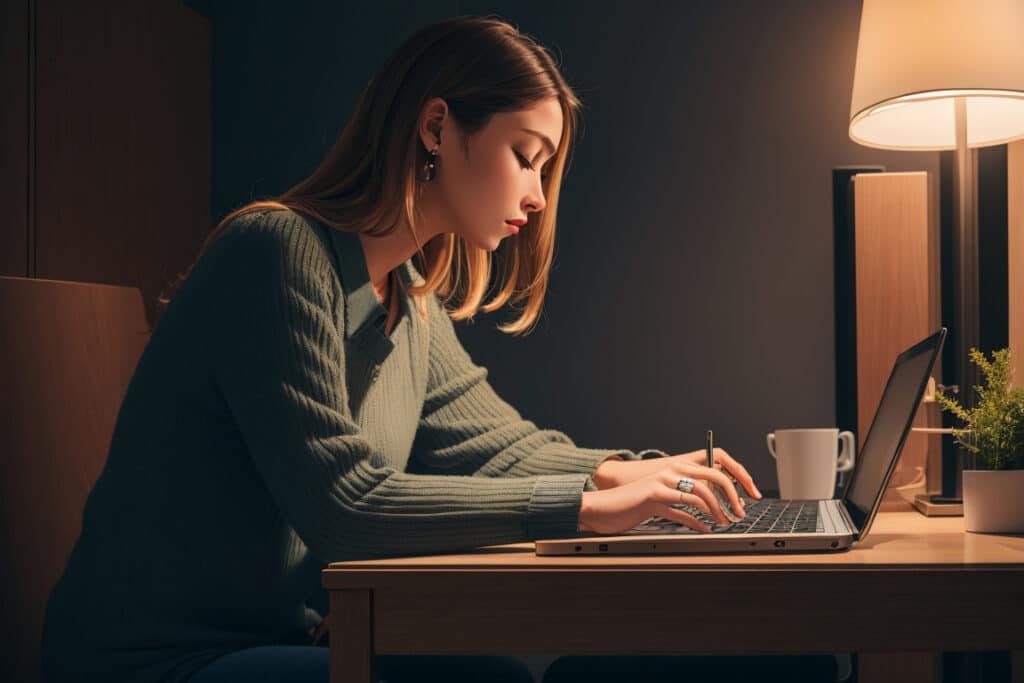 ai generated image of a woman sitting at a desk typing on a laptop