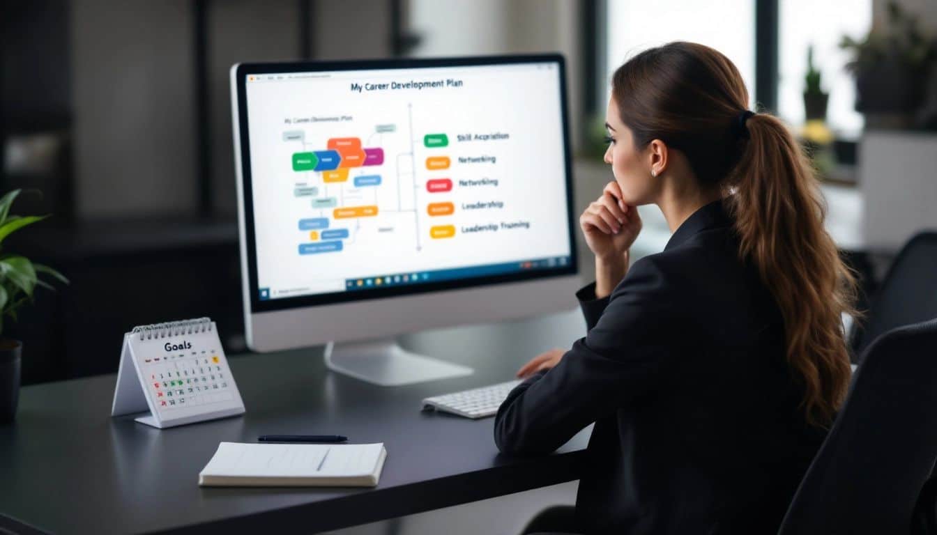 Description: A person is using a tablet computer while sitting in front of a laptop computer. There are colorful sticky notes surrounding the laptop, likely showing brainstorming or project planning.