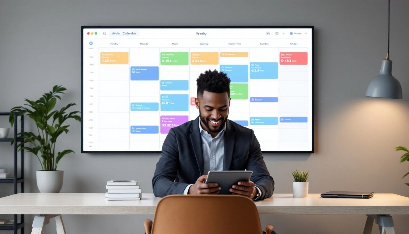 Description: A photo of a desk with a calendar, notebook, coffee, and a phone with a time management app.