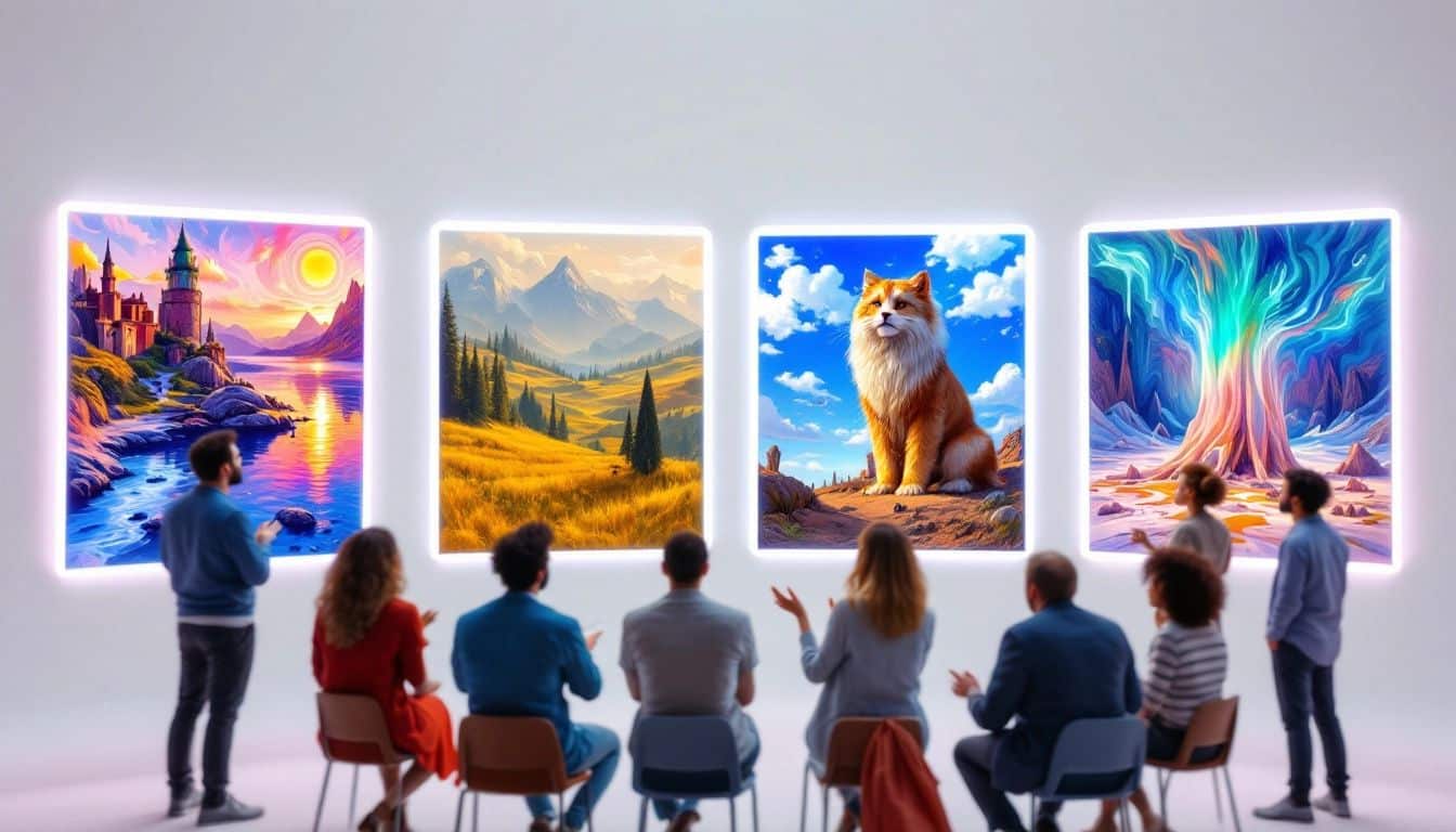 An AI-generated artwork with a blurred image of a person standing in an art gallery, gazing at a painting.