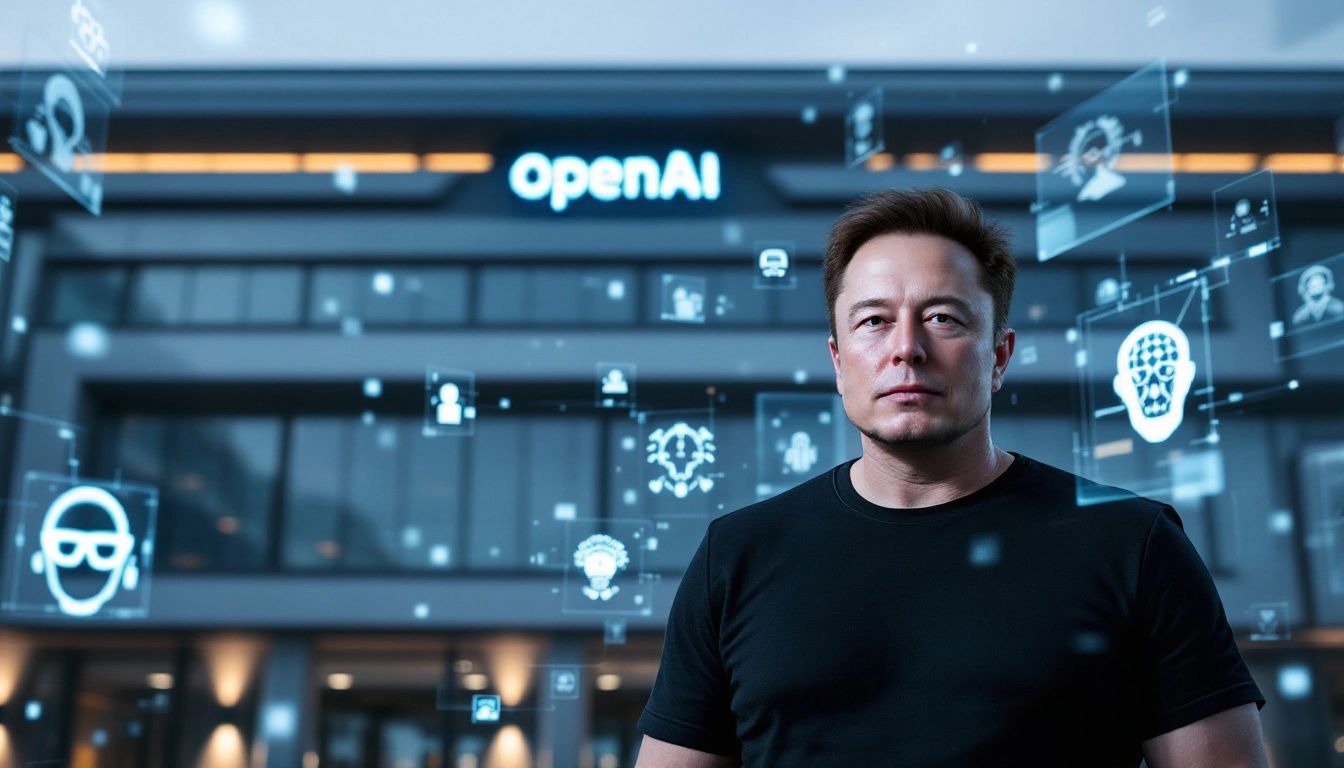 A stylized image of Elon Musk's face inside a circuit board pattern.