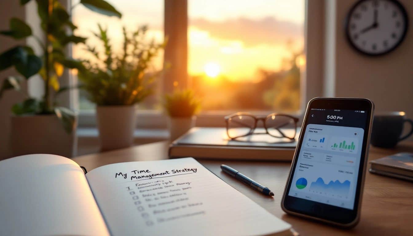 Description: A photo of a desk with a calendar, notebook, coffee, and a phone with a time management app.