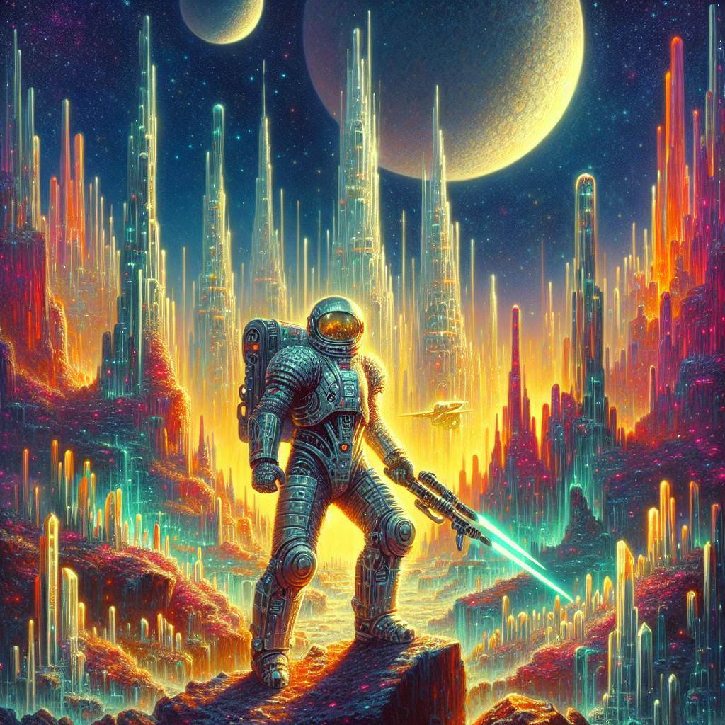 ai generated image from the prompt of a fierce, armored astronaut standing on an alien planet with glowing, crystalline formations and exotic flora, two moons visible in the sky above, the astronaut holding a futuristic weapon, digital art style, capturing a sense of danger and mystery, reminiscent of famous sci-fi cover artists like Chris Foss