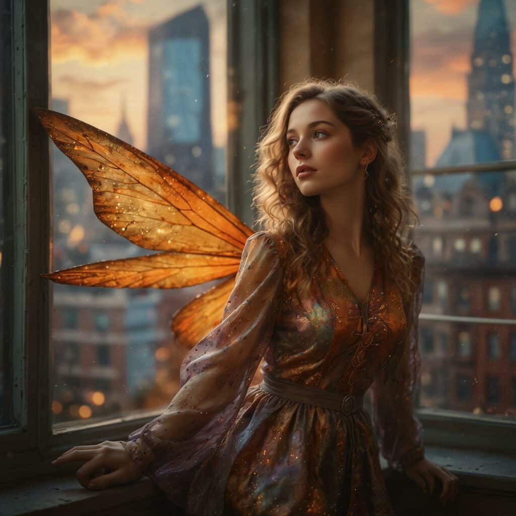 ai generated image of based on the prompt A detailed, mischievous fairy with iridescent wings and Victorian attire, flitting between the illuminated windows of a towering London office building at twilight, the backdrop of the bustling cityscape under the orange hues of sunset, digital art, hyper-realistic style, incorporating elements of fantasy and urban life, reminiscent of the artwork of Thomas Kinkade mixed with the whimsical flair of Cicely Mary Barker