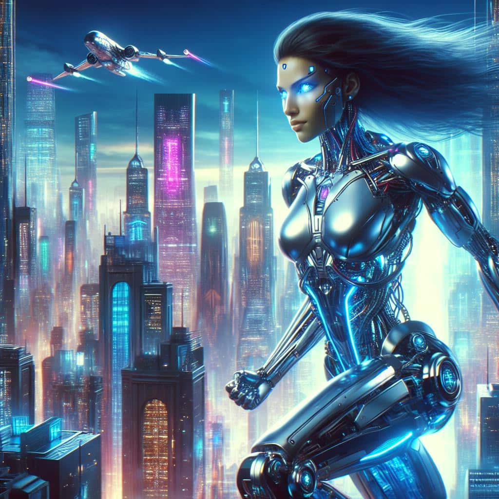 ai generated image based on the prompt of a heroic female cyborg with sleek metallic limbs and glowing blue eyes, standing atop a futuristic cityscape with towering skyscrapers and flying vehicles, neon lights reflecting off her body, digital art style, vibrant and energetic, influenced by cyberpunk aesthetics
