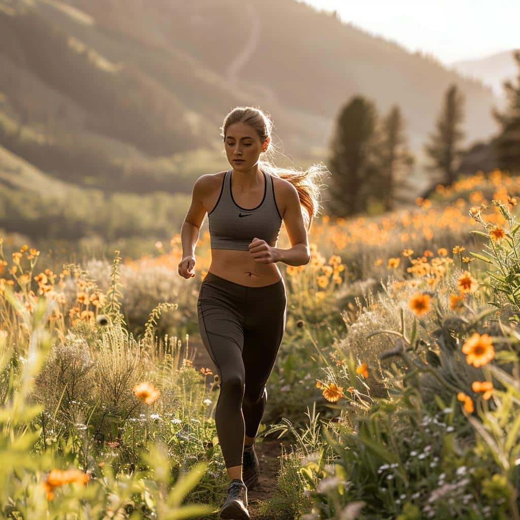 an image based on the ai image prompt: "A fit, athletic woman in sleek, modern sportswear, mid-stride, running left to right along a scenic mountain trail, early morning sunrise casting long shadows, ambient golden light, surrounding landscape featuring blossoming wildflowers, distant mountains shrouded in mist, photo-realistic style, Canon EOS 5D Mark IV with a 50mm f/1.8 lens"