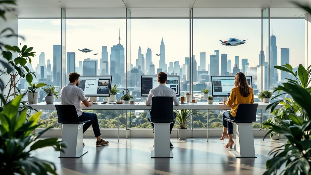 utopian workplace in the future with three team members working at a workstation
