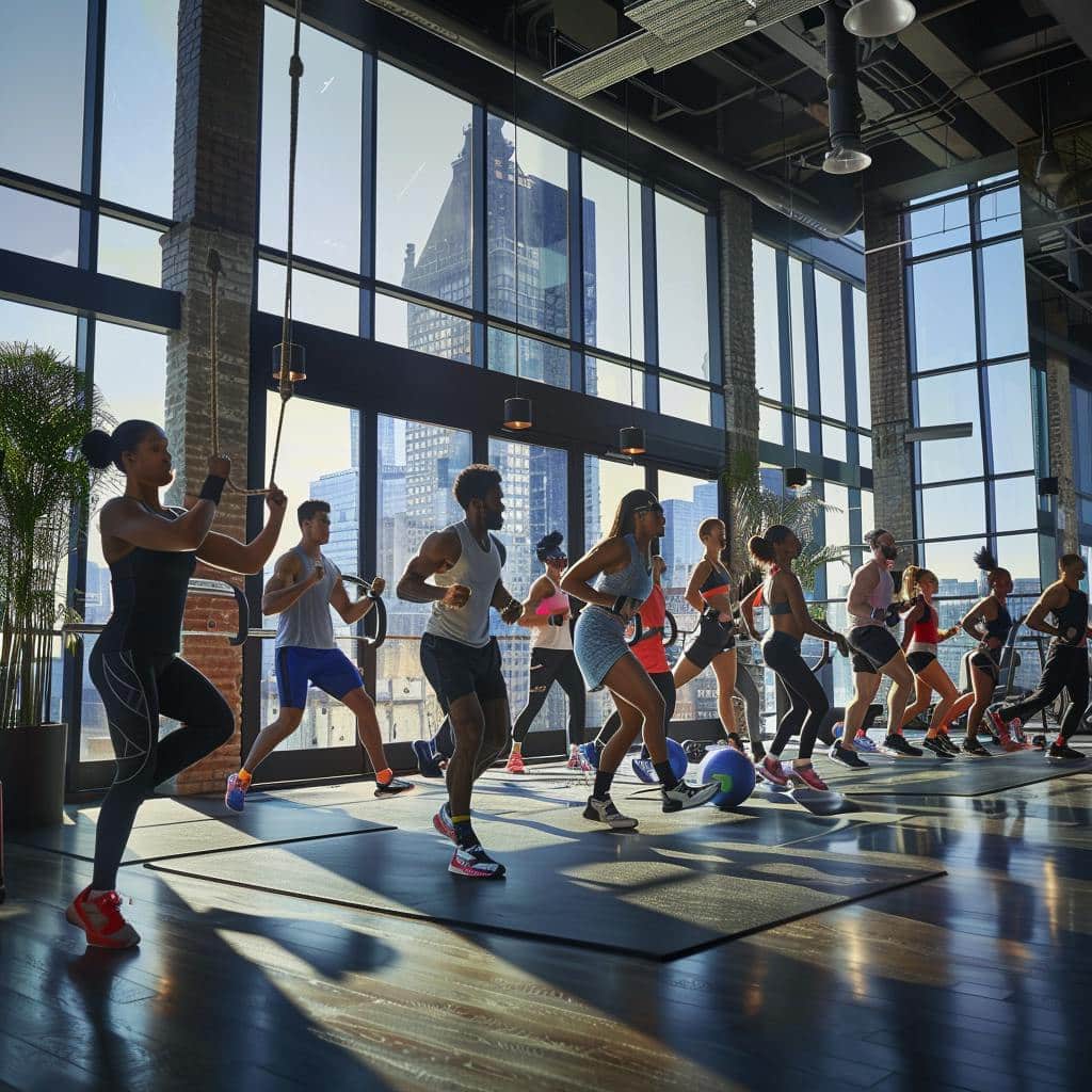 ai generated image based on the image prompt of a diverse group of athletes in a spacious urban gym, large floor-to-ceiling windows on one side, abundant natural light streaming in, urban skyline visible through the windows