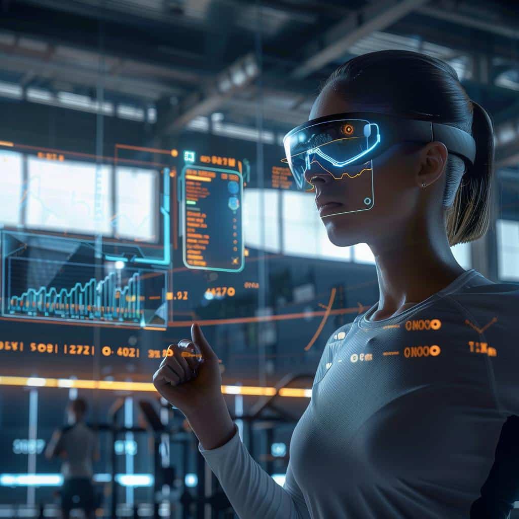 ai generated image based on the ai prompt of a sleek, futuristic gym interface projected in front of a user working out with virtual stats and progress tracking, modern high-tech environment