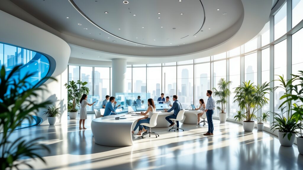 high-tech workplace with team members working together
