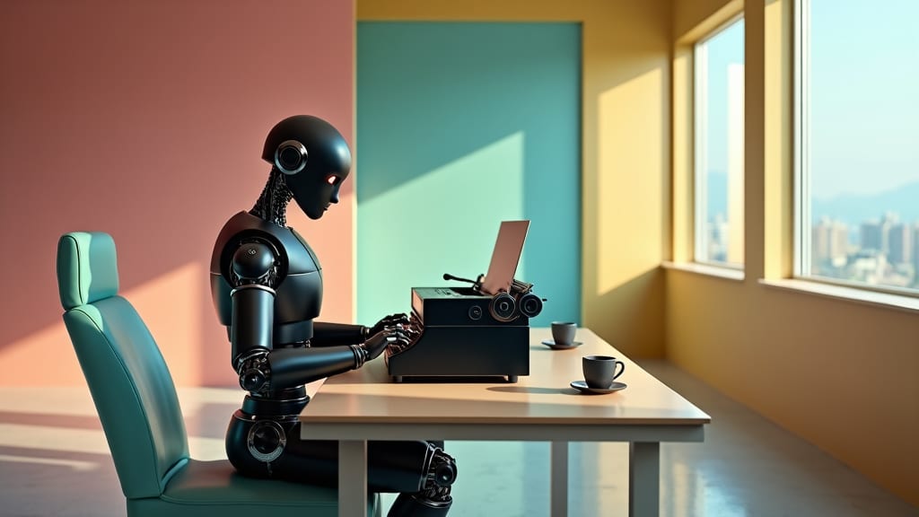 matte black robot sitting in a bright room with sunlight pouring through a large window, typing on a typewriter