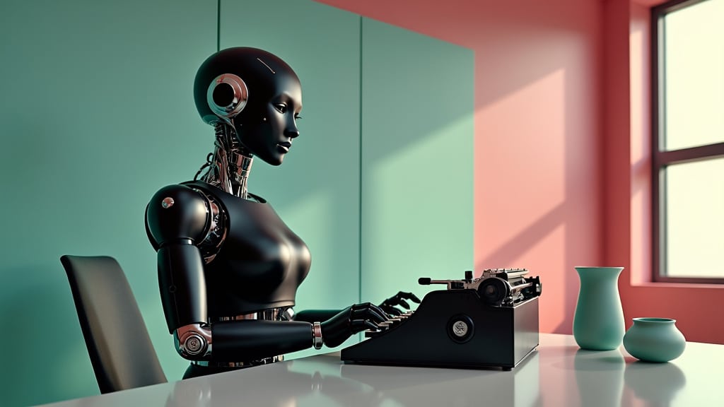 female humanoid robot sitting at a desk in a well lit room typing on a typewriter