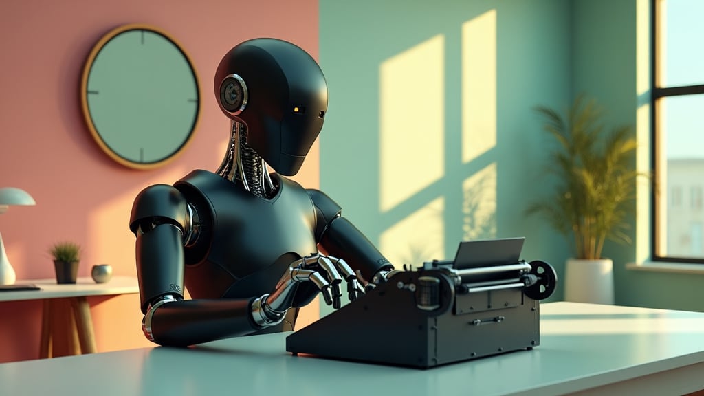 ai image of a robot sitting in a sun-filled room typing on a typewriter