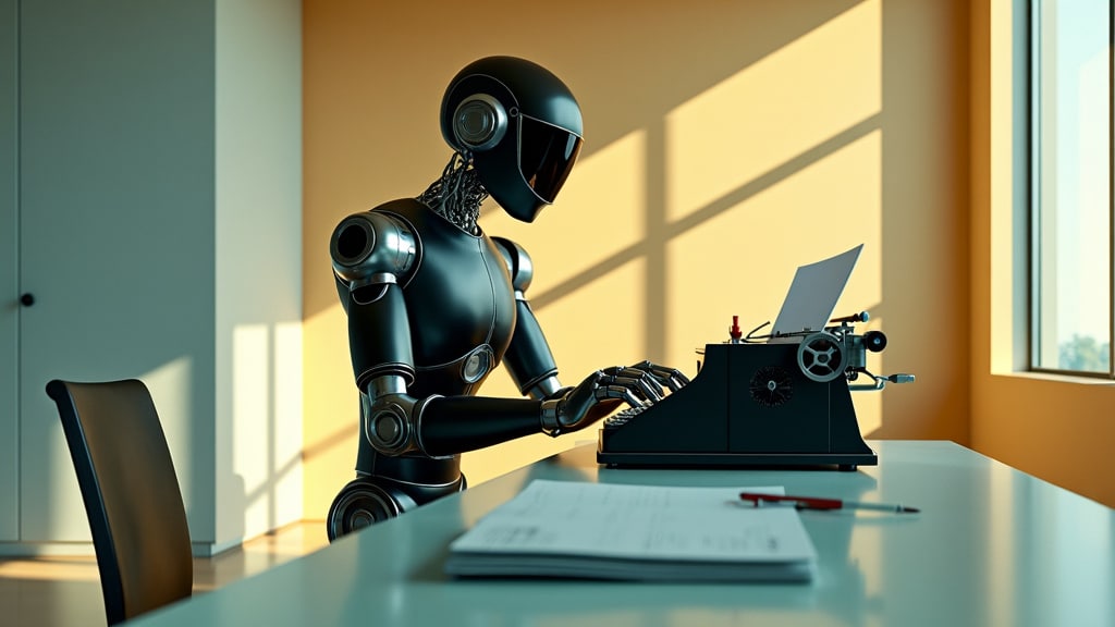 matte black humanoid robot typing on a typewriter, Wes Anderson inspired aesthetic