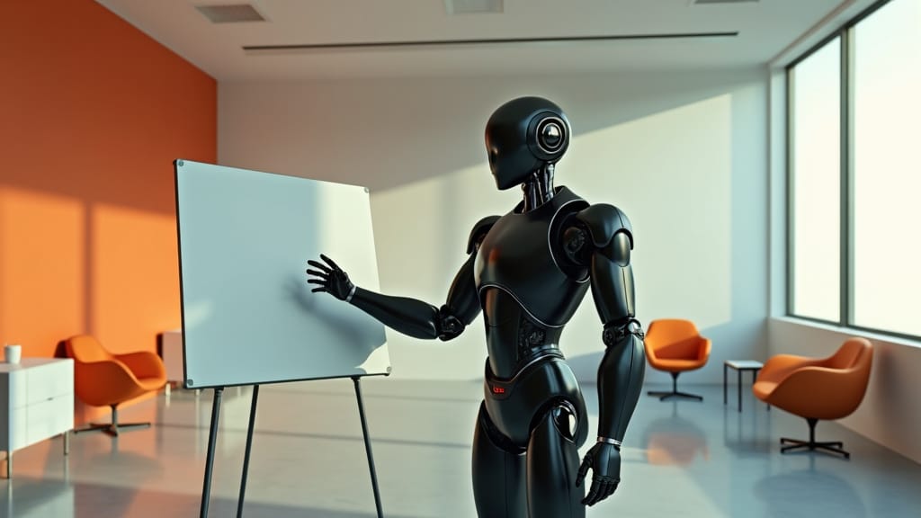 matte black robot in a well lit room presenting on a white board