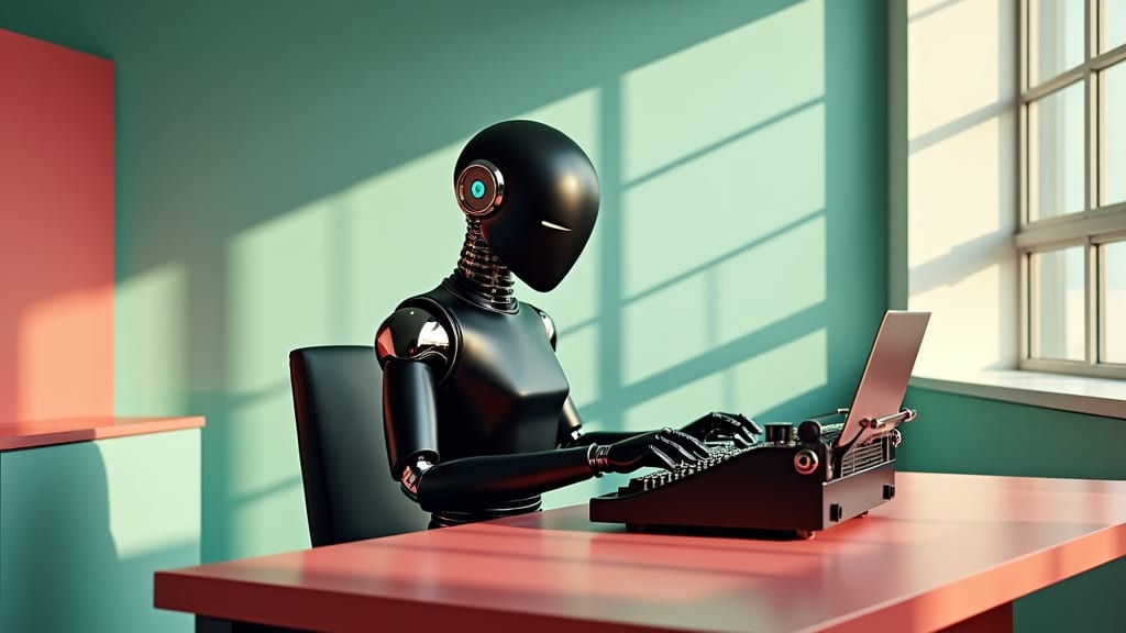 advanced ai robot working in a well lit room sitting at a desk, typing on a typewriter