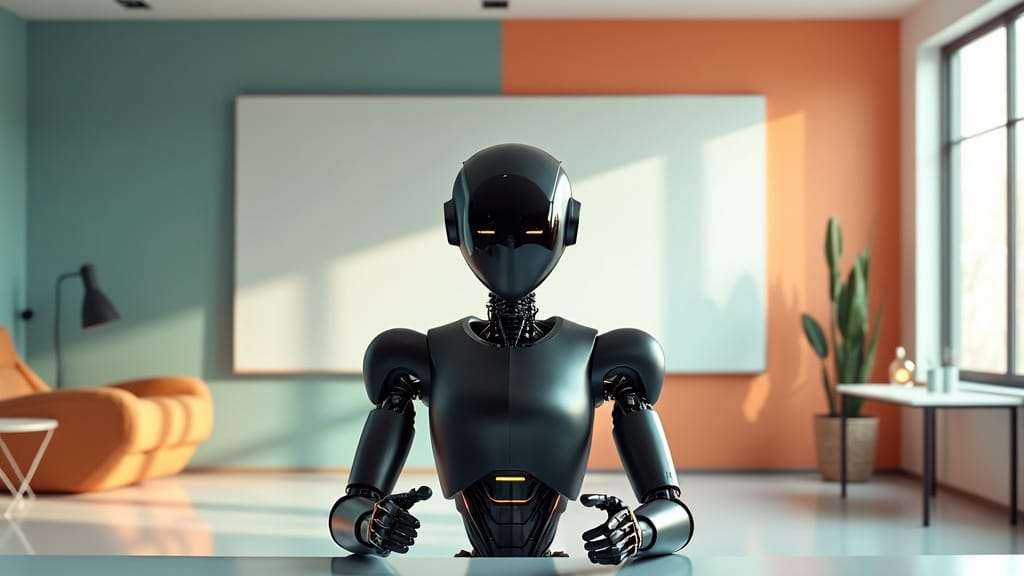 ai generated image of an advanced ai robot sitting at a desk in the middle of the image, Wes Anderson inspired aesthetic