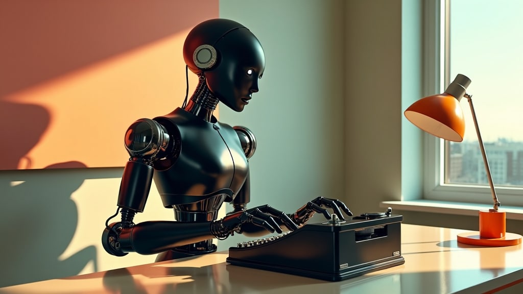 AI image of a humanoid robot with matte black body working on a typewriter
