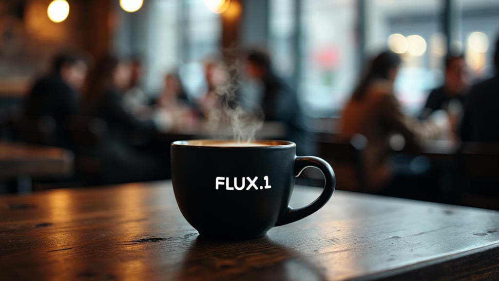 ai generated black coffee mug with "FLUX.1" written on the front, sitting on a wooden table inside a cafe
