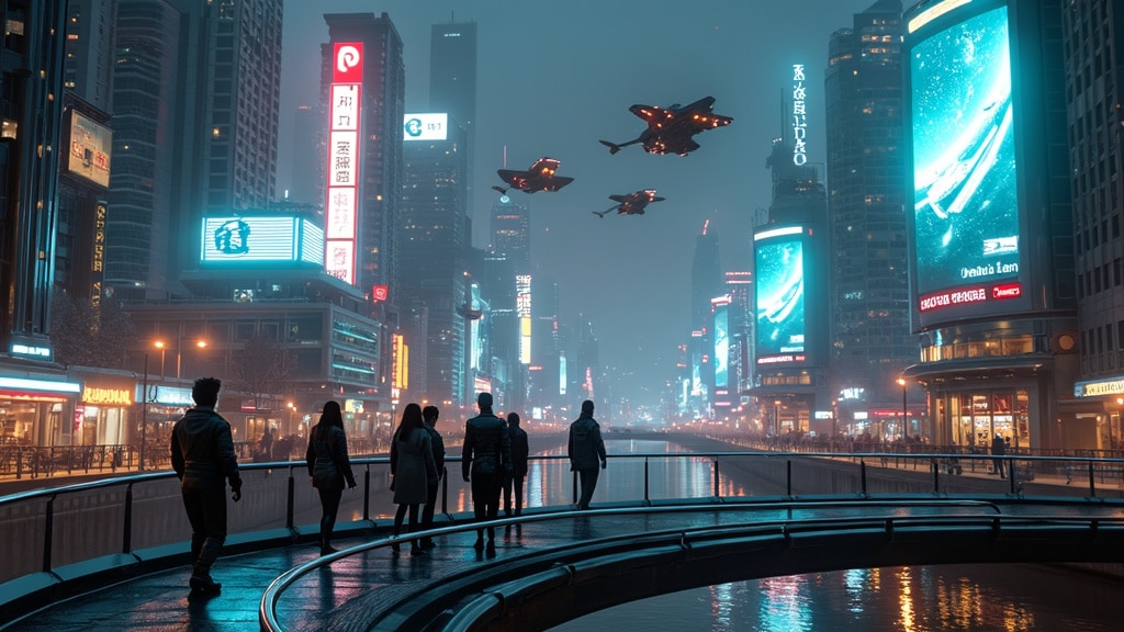 highly detailed futuristic cityscape with people walking across a bridge, giant neon billboards and flying vehicles in the background generated by Flux.1