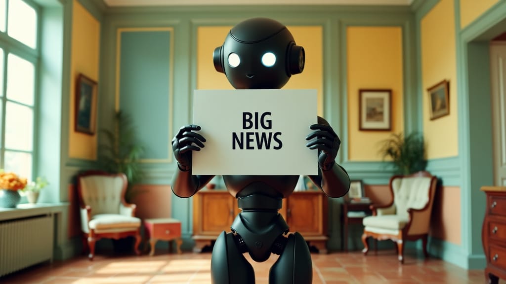 matte black robot holding a sign that says "big news" standing inside a quaint study with antique furniture visible in the background