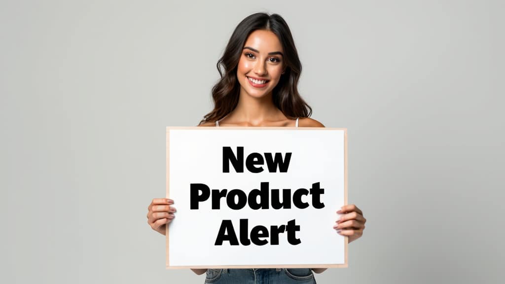 photo of a young woman holding a sign that says "New Product Alert" standing in front of a grey background generated by Flux.1
