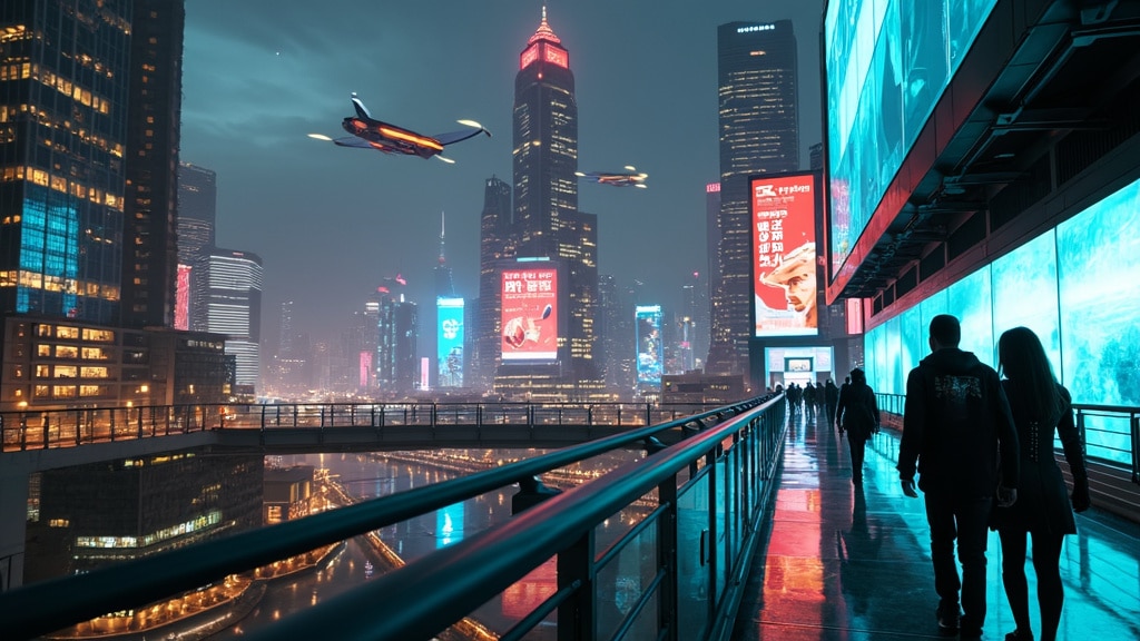 alternate version of highly detailed futuristic cityscape with people walking across a bridge, giant neon billboards and flying vehicles in the background generated by Flux.1