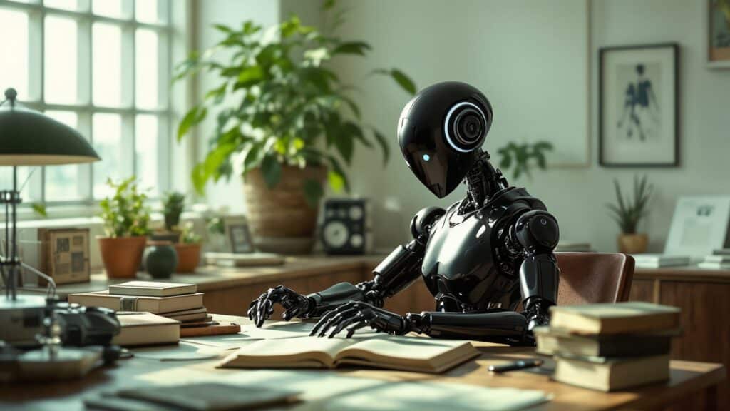 ai robot practicing work life balance by prioritizing tasks on a desk filled with books and planners