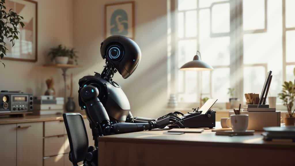 ai robot working on an old school typewriter in a brightly lit room with light streaming in through large windows