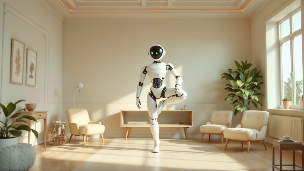 ai robot demonstrating self-care by doing a yoga pose in a bright peacful room with lots of natural lighting