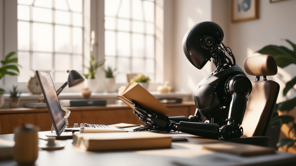 ai robot demonstrating work life balance by reading a book while sitting at a desk with a laptop