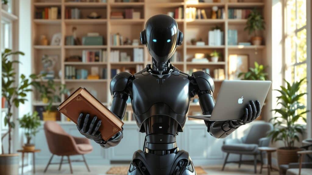 ai robot demonstrating work life balance by holding a book in one hand and laptop in the other