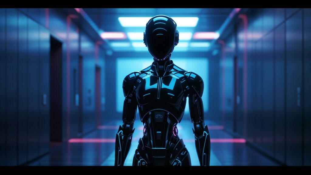 artificially intelligent robot standing in a dark hallway