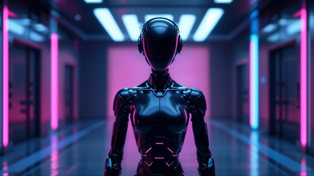 ai robot standing in a dark room with neon pink lights