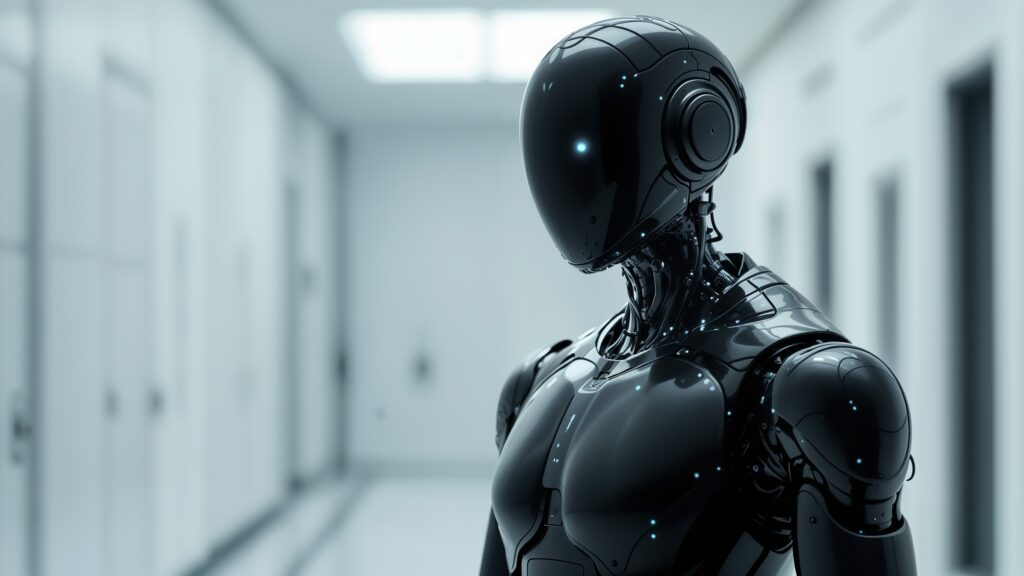 ai robot standing in a white hallway
