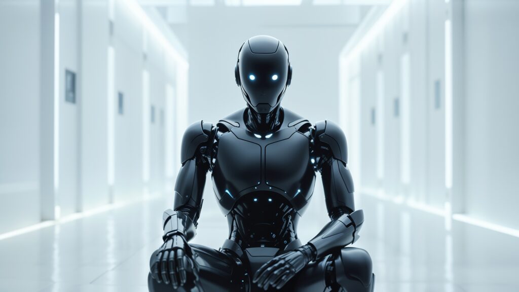 artificial intelligence robot sitting in the middle of a white laboratory
