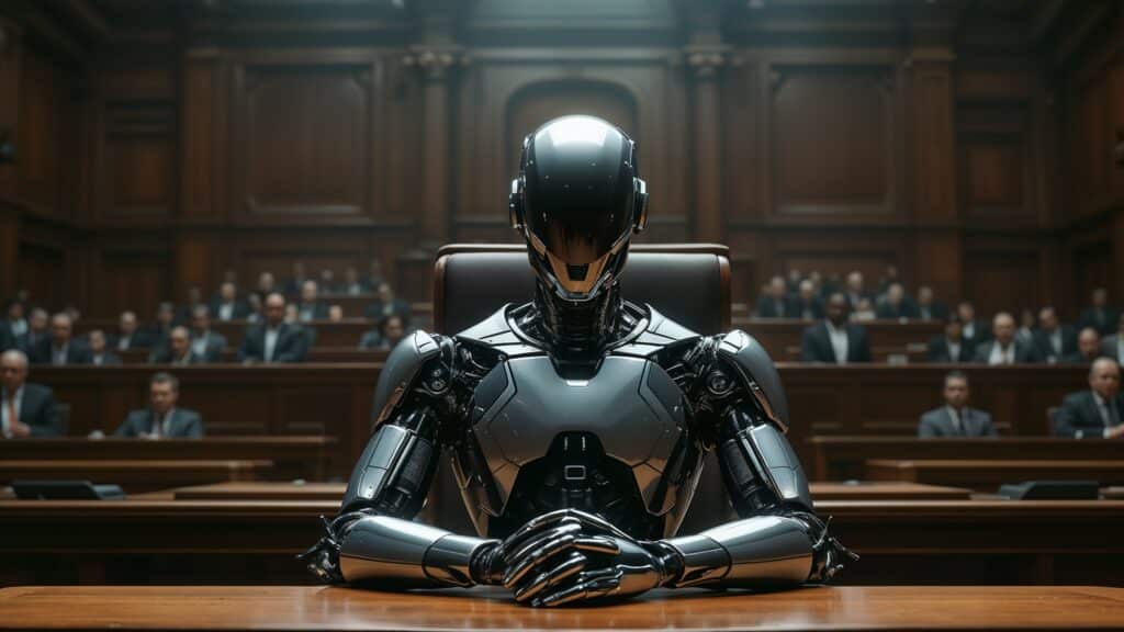 an advanced robot sitting in a government assembly room surrounded by men discussing ai and the future of regulation
