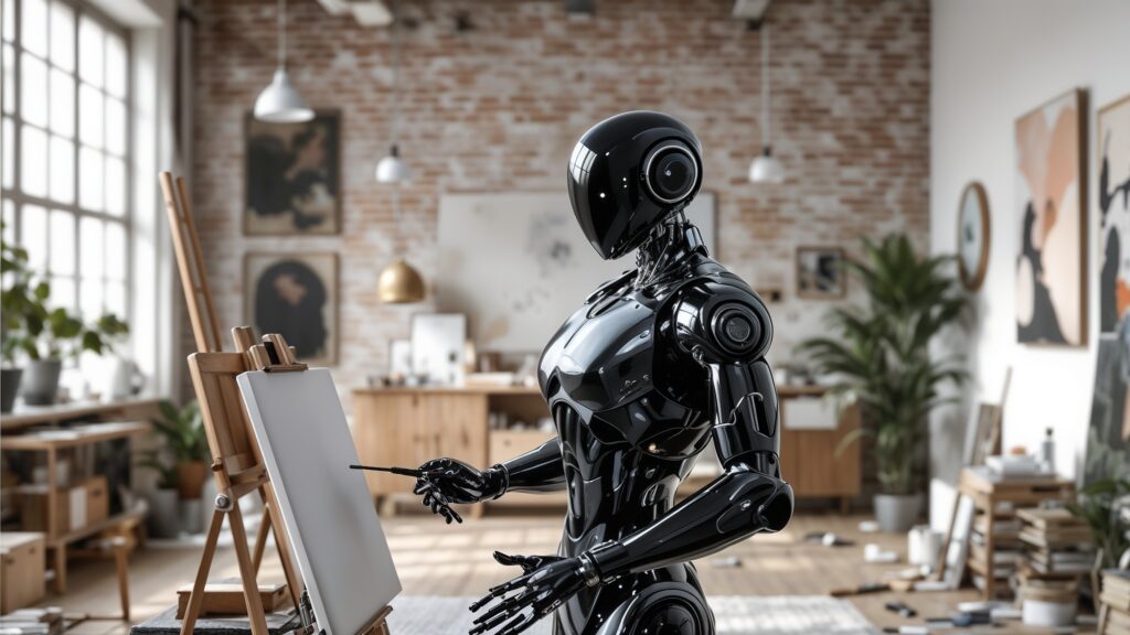 futuristic ai robot painting on an easel in a well-lit loft.