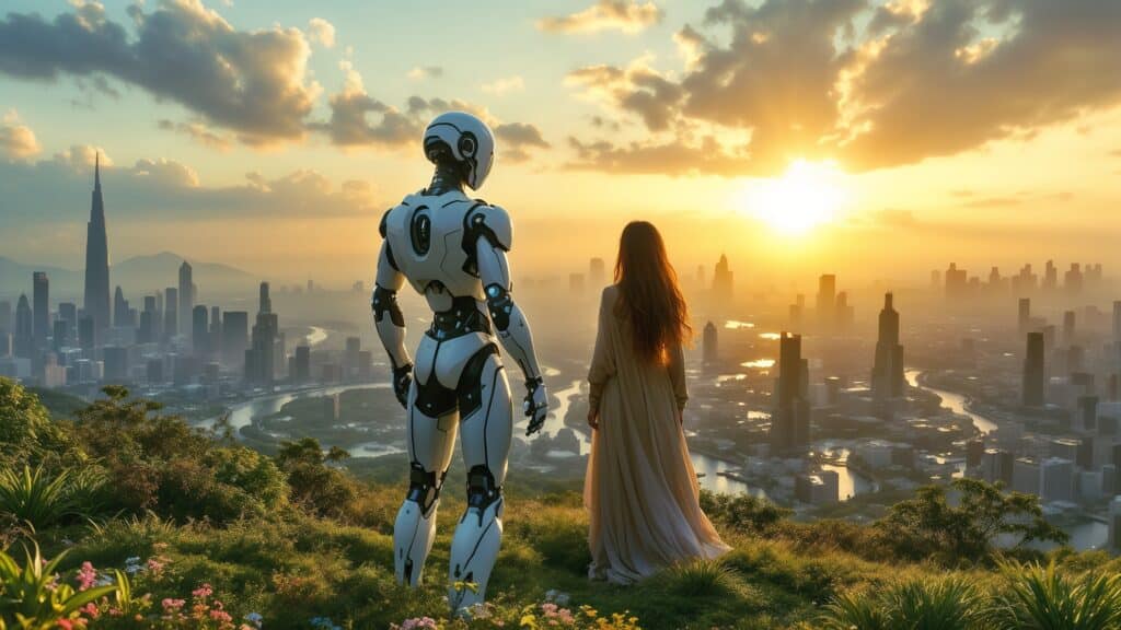ai robot and human woman standing on a hill overlooking futuristic utopian city at sunrise