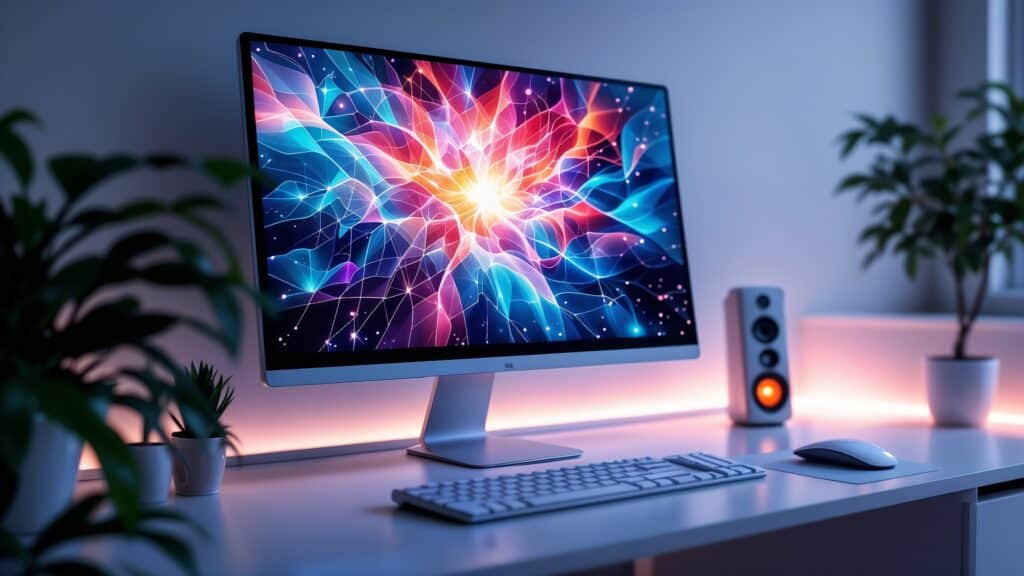 stable diffusion 3.5 generated image of a computer on a modern minimalist desk with a keyboard, mouse, and speaker. small plants shown in the background and foreground