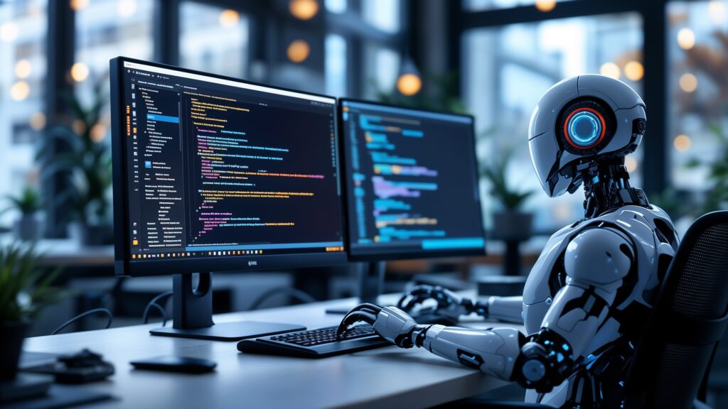 detailed workstation with a state-of-the-art computer setup, visible open coding environment on dual monitors featuring Stable Diffusion 3.5 interface, sleek office environment with soft, focused lighting highlighting the workstation, high-resolution photograph, shot with Nikon D850 using a 50mm lens, depth of field effect to blur the background slightly and draw attention to the screens and robot
