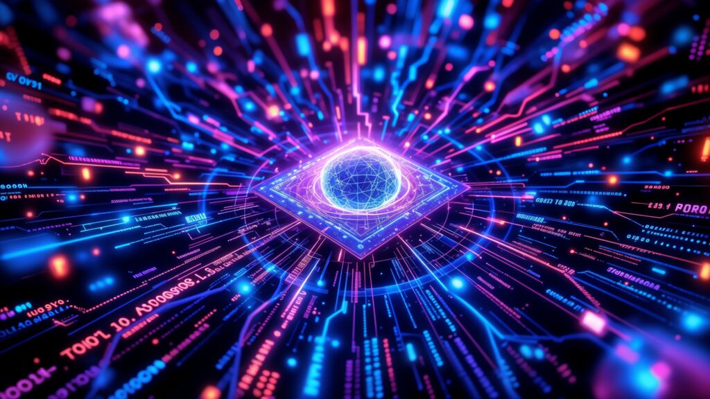 visual representation of the Stable Diffusion 3.5 algorithm in action, a 3D digital art scene showcasing neural networks and AI technology, vibrant and dynamic cyberspace with floating code and holographic data streams, core algorithm visualized as a glowing, complex structure at the center, surrounded by swirling patterns of mathematical symbols and binary code, neon lights illuminating the edges of the data paths, ultramodern, sleek and sharp design, in the style of futuristic concept art by artists like