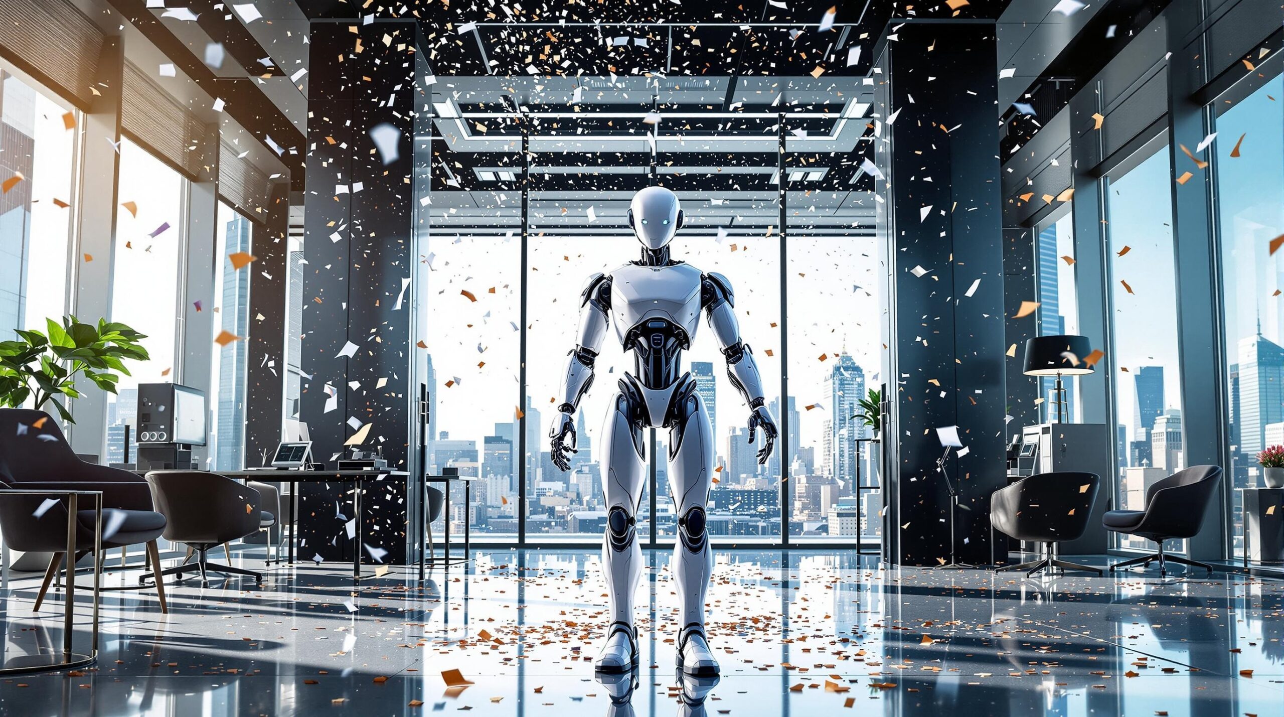 ai generated image of a robot standing in the middle of a well-lit modern office space with confetti falling from the ceiling