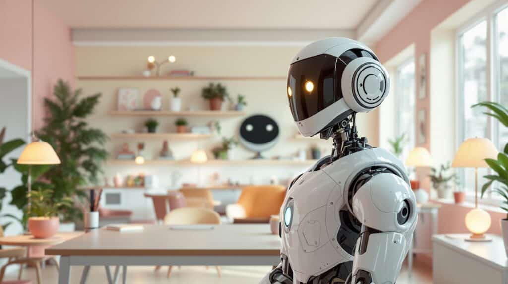 generative ai photo of a productivity robot in a retro modern office with large windows letting in natural light