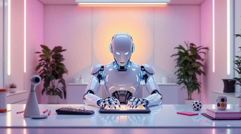 generative ai image of a futuristic ai robot doing work at a desk in a futuristic office space