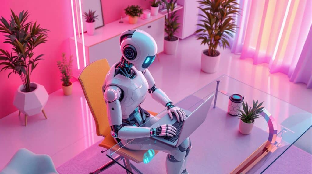 ai generated image of an robot using AI for seo, pink glow modern office