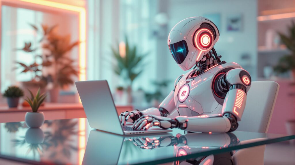 ai generated image of an robot using AI for seo, high-tech features on the robot sitting in a modern office space